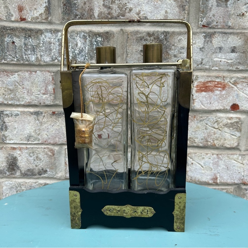 Vintage Mid Century English Bar Set Wood Brass Glass Bottles